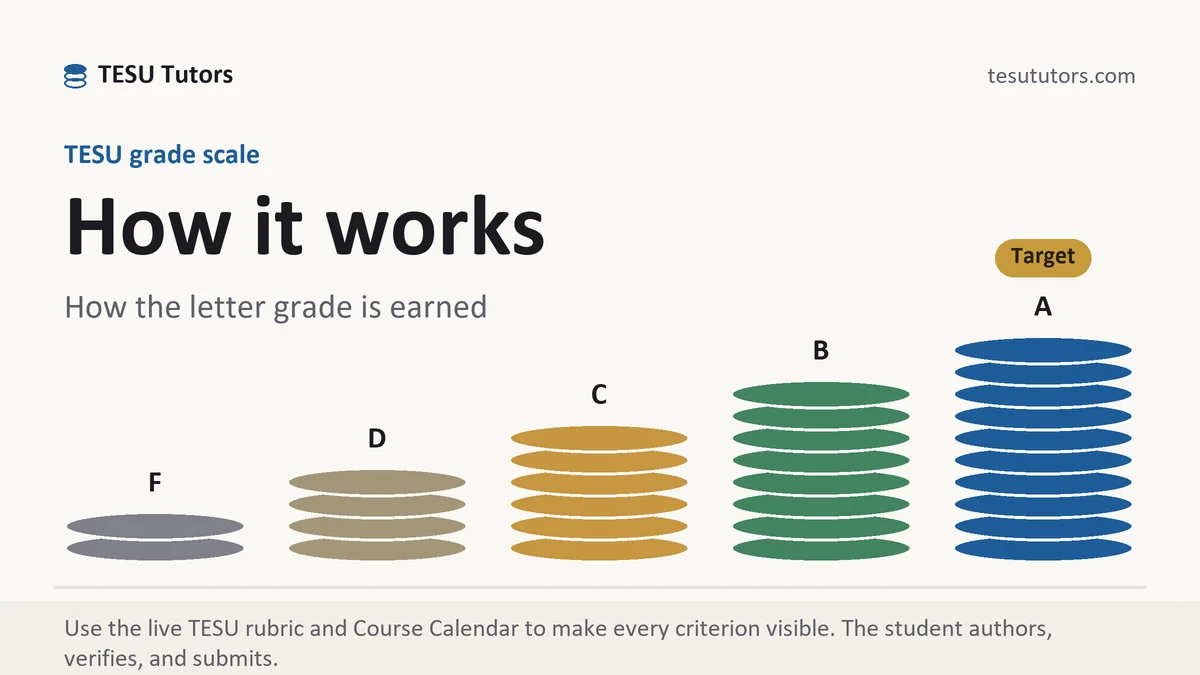 How it works at TESU, the grading standard every deliverable is built to, from TESU Tutors