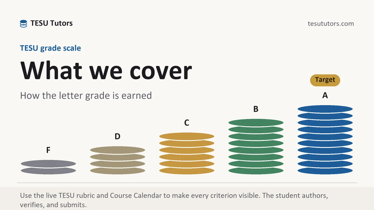What we cover at TESU, the grading standard every deliverable is built to, from TESU Tutors