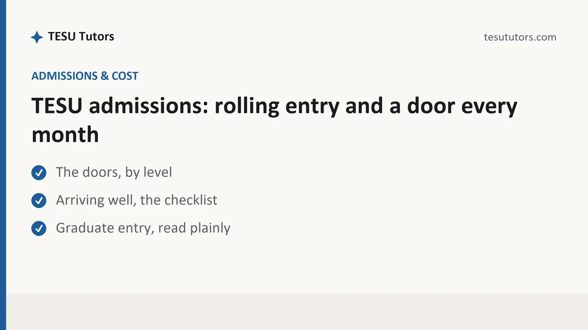 TESU admissions: rolling entry and a door every month, a TESU student guide, from TESU Tutors